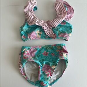 Ruffle Butts Floral Bikini - Teal and Pink Stripes‎